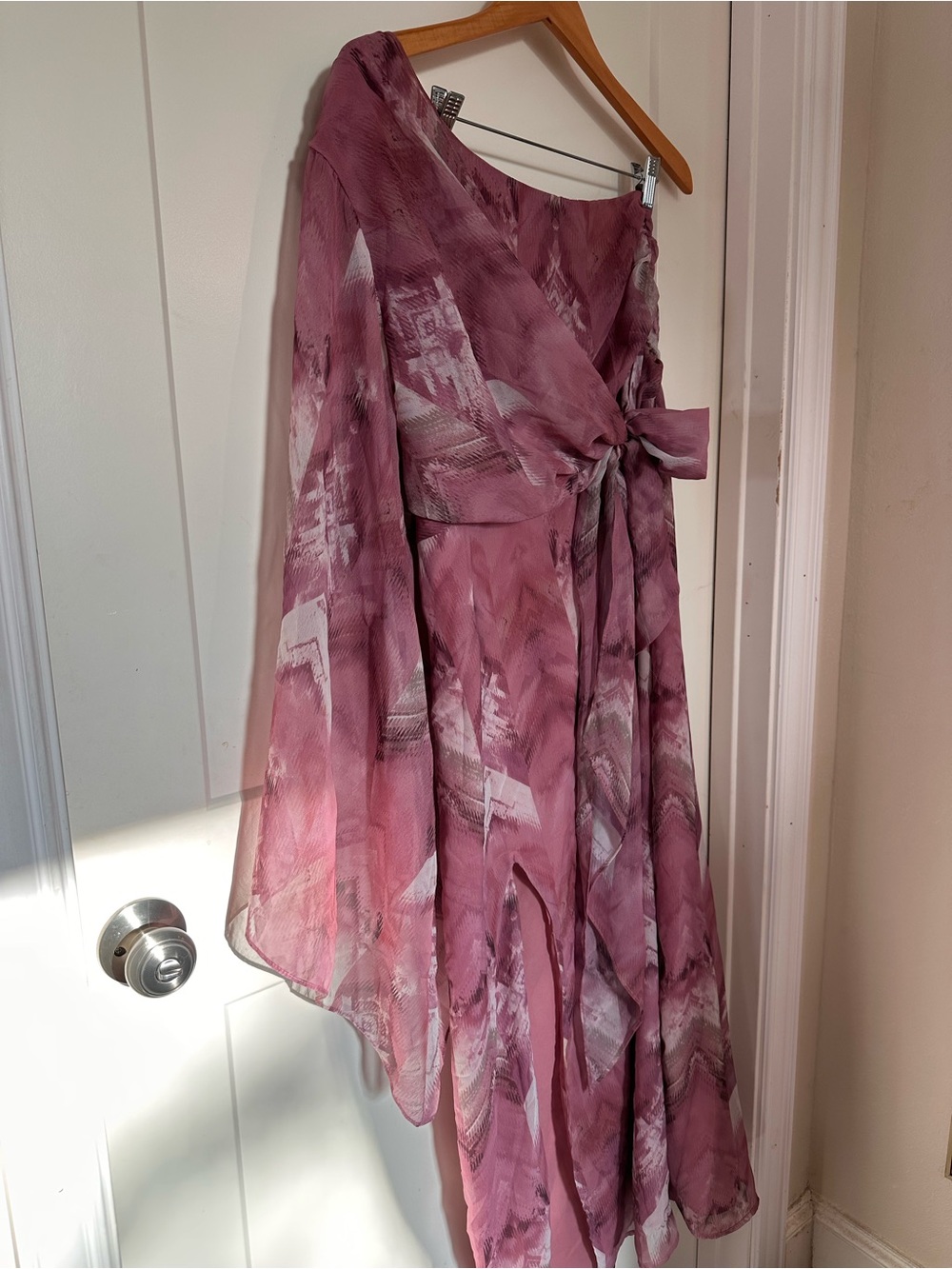 Anthropologie Pink & White One-Shoulder Floral Wrap Wedding Dress